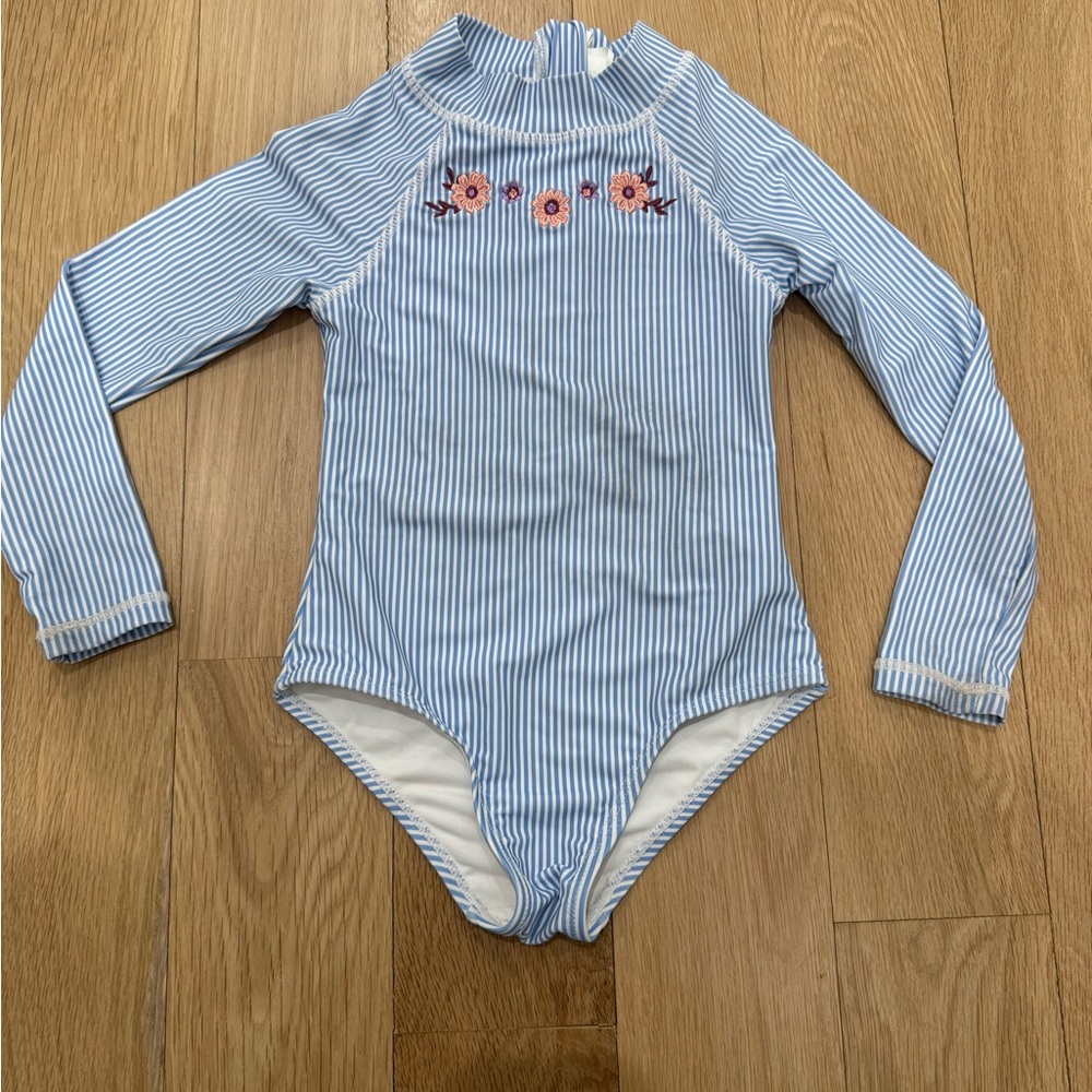 Cotton On Kids Blue and White Striped rashguard girls swimsuit 4t